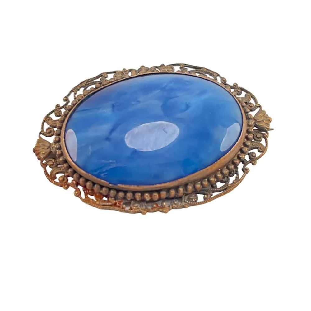 Czech Glass Blue Large Pin 1920's Fancy Filigree … - image 3