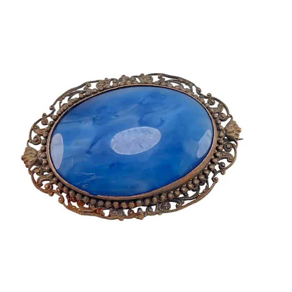 Czech Glass Blue Large Pin 1920's Fancy Filigree … - image 7