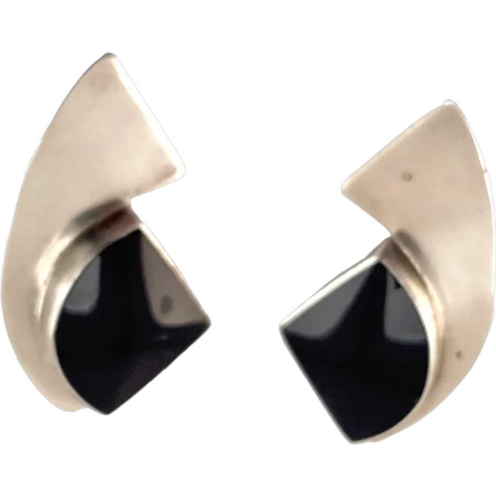 Taxco Mexico Onyx and Sterling Clip on Earrings 1… - image 1