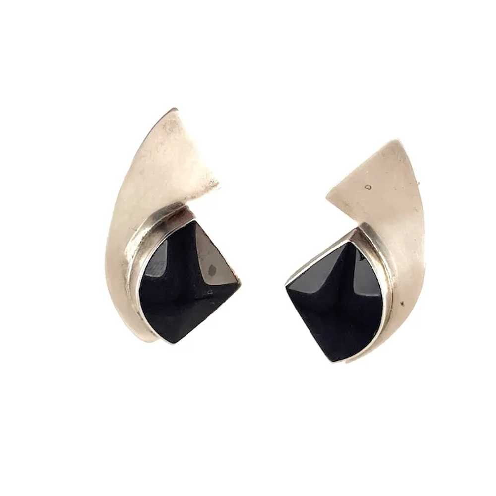 Taxco Mexico Onyx and Sterling Clip on Earrings 1… - image 2