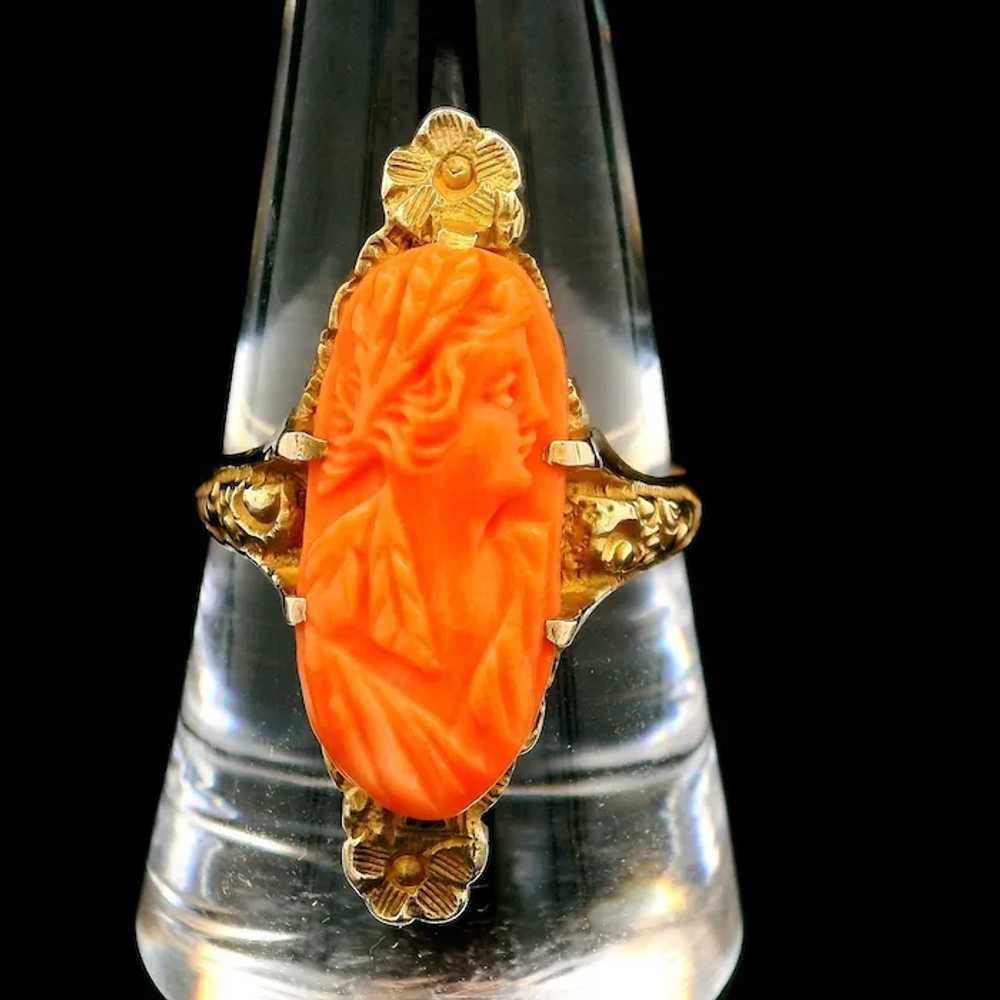 Antique 10k Yellow Gold Carved Oval Coral Cameo w… - image 5