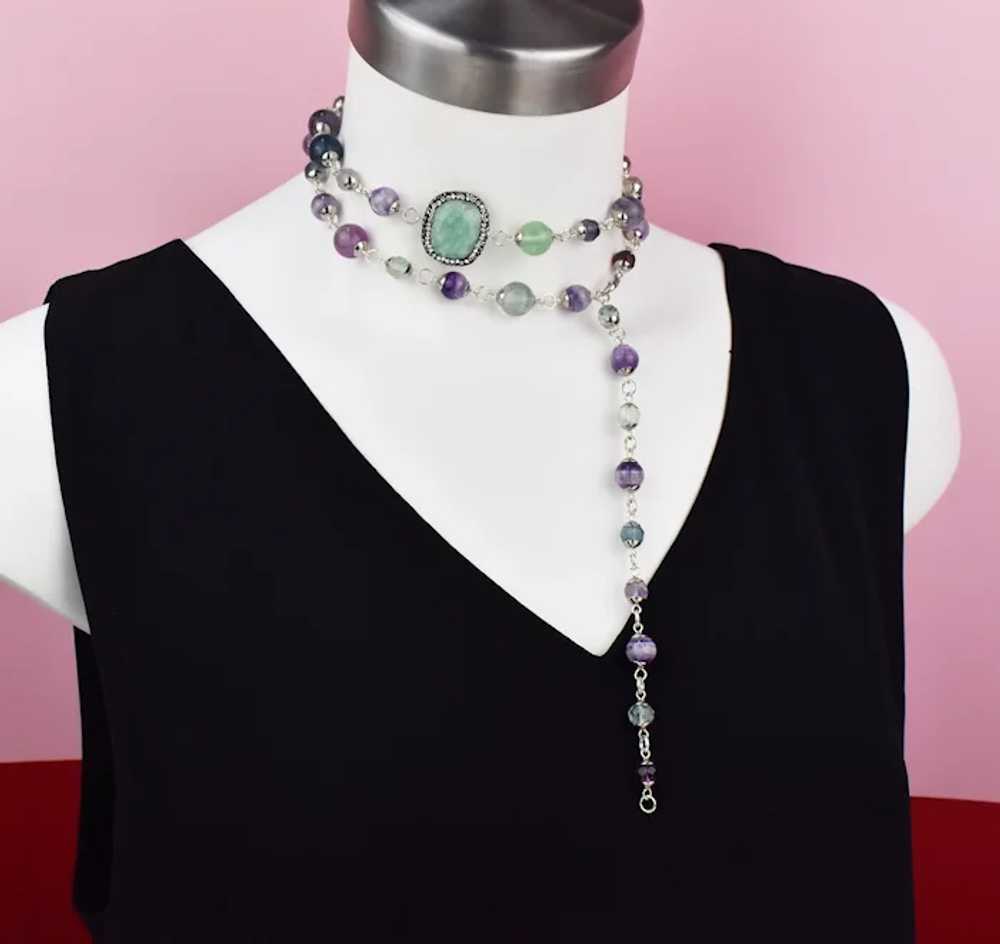 Long flourite necklace, light green and purple st… - image 12