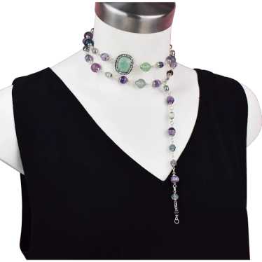 Long flourite necklace, light green and purple st… - image 1