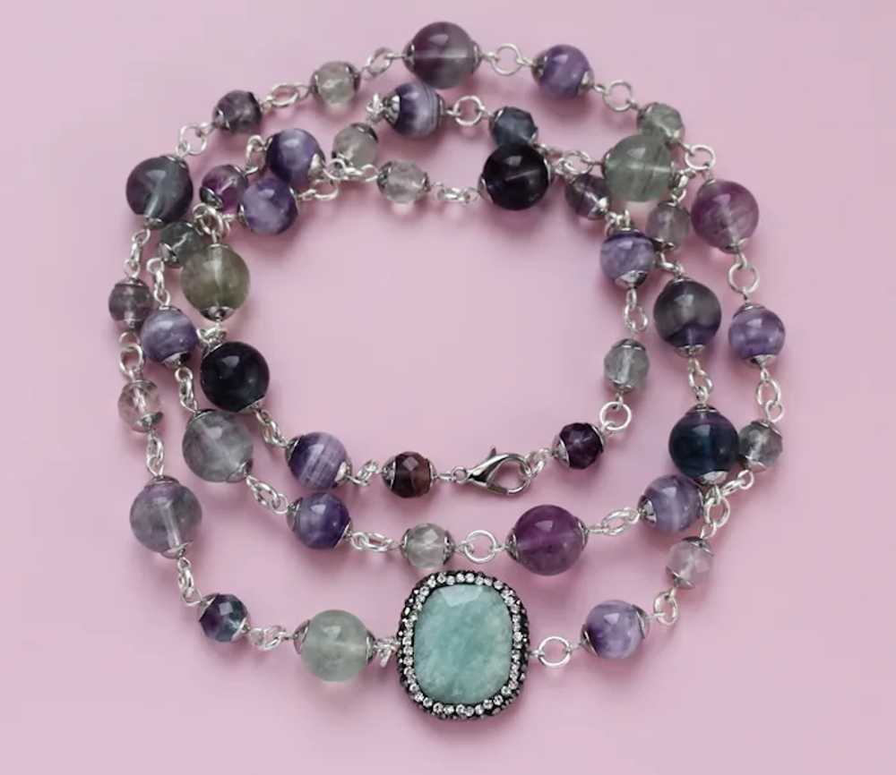 Long flourite necklace, light green and purple st… - image 2