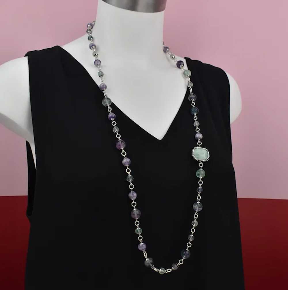 Long flourite necklace, light green and purple st… - image 3