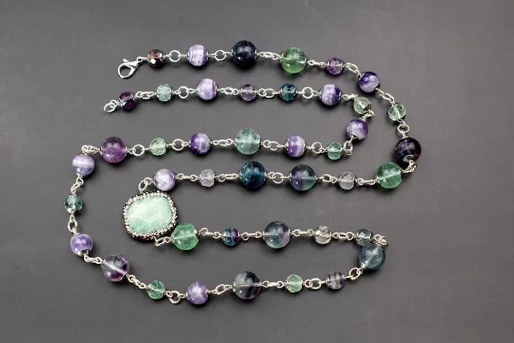 Long flourite necklace, light green and purple st… - image 6