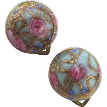 Vintage Italian Painted Art Glass Clip Earrings