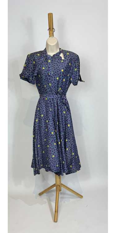 1940s Purple Floral Print Tie Neck Midi Dress