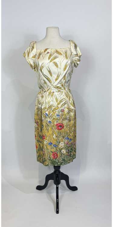 1950s - 1960s Floral & Grain Novelty Print Silk Dr