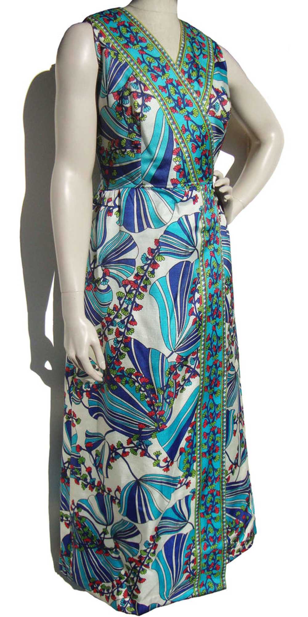 Vintage 60s Maxi Dress Pop Art Blue & Turquoise F… - image 2