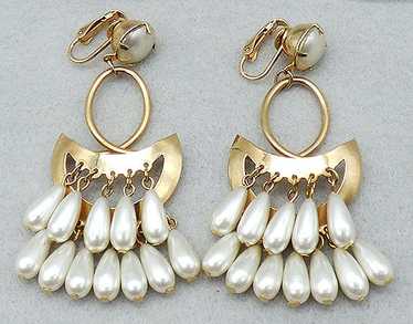 Tiered Pearl Drops Gold Tone Chandelier Earrings - image 1