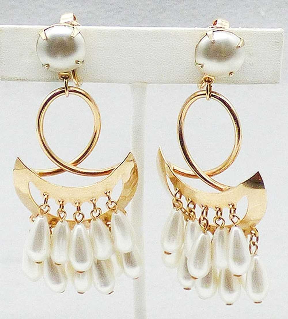 Tiered Pearl Drops Gold Tone Chandelier Earrings - image 2