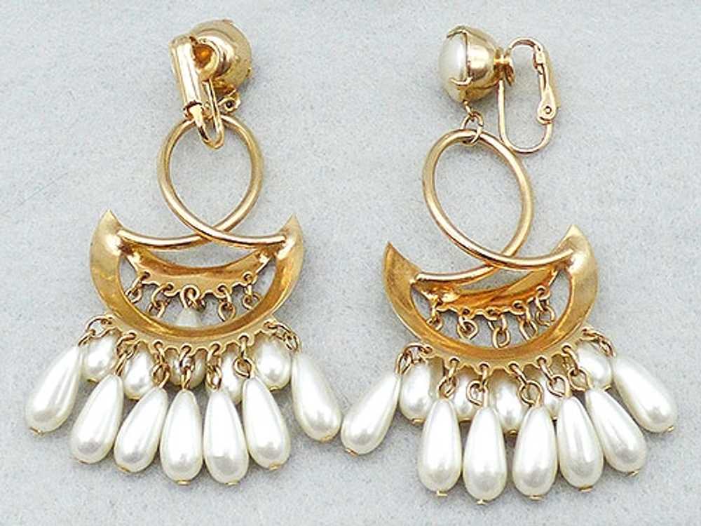 Tiered Pearl Drops Gold Tone Chandelier Earrings - image 3