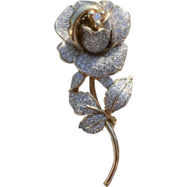 14K Yellow Gold and Diamond Rose Flower Pin