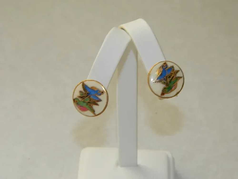 Antique Chinese Cloisonné Enamel Bird Screw Back … - image 3