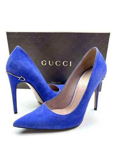 Gucci Blue Suede Horsebit Pointed Toe Heels