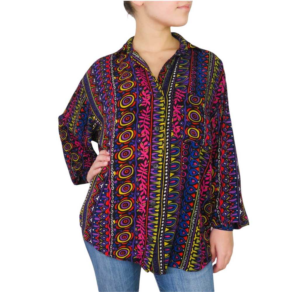Vintage 90s Rainbow Geometric Button Down Casual … - image 1