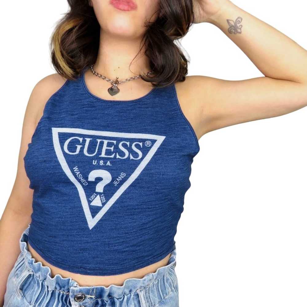 GUESS Y2K Blue Cropped Graphic Logo Tank Top Medi… - image 1