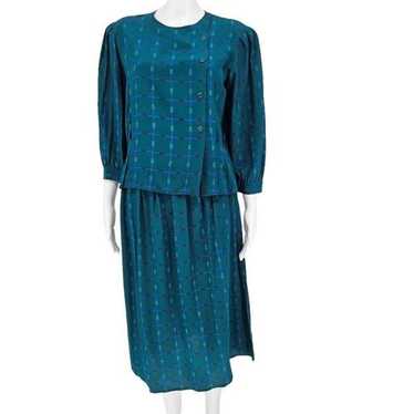 Vintage Maggy London Silk 2-Piece Skirt Set Green… - image 1