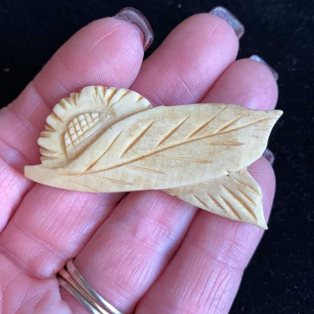 Vintage Hand Crafted Bone Flower and Leaf Pin - image 2