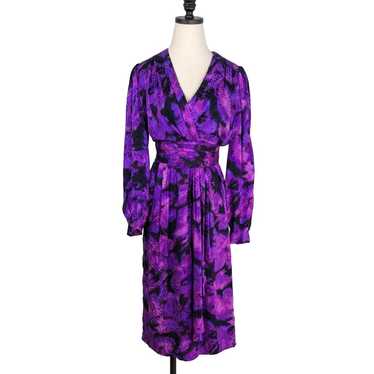 Vintage Midi Dress Long Sleeve 80s 90s Purple Pin… - image 1