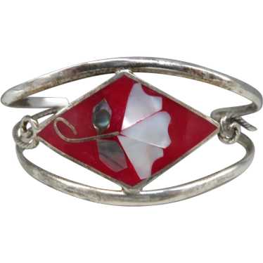 Vintage Alpaca Mexico Silver Bracelet, Red Enamel… - image 1