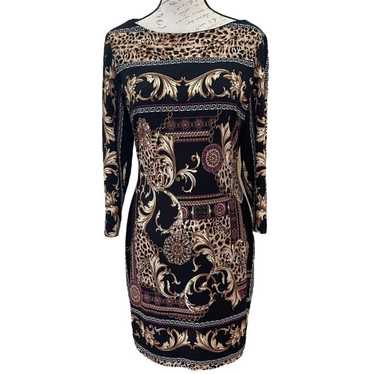CACHE Sheath Dress Black Gold Medallions Leopard … - image 1