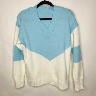 Vintage Baby Blue White V Neck Sweater?80s ? Medi… - image 1