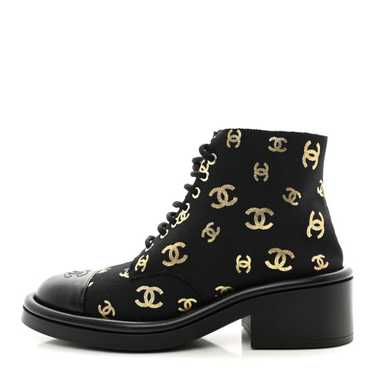 CHANEL Lambskin Shearling Canvas CC Lace Up Boots 