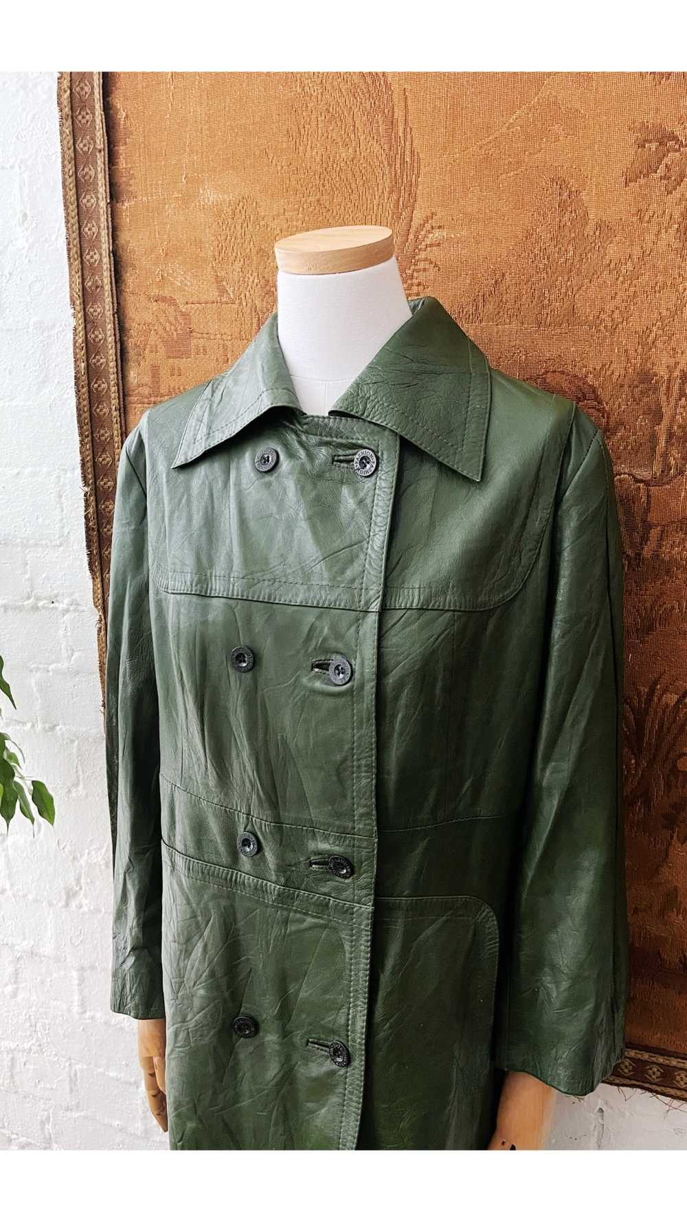 1960s Forest Green Leather Double Breasted Trench… - image 2