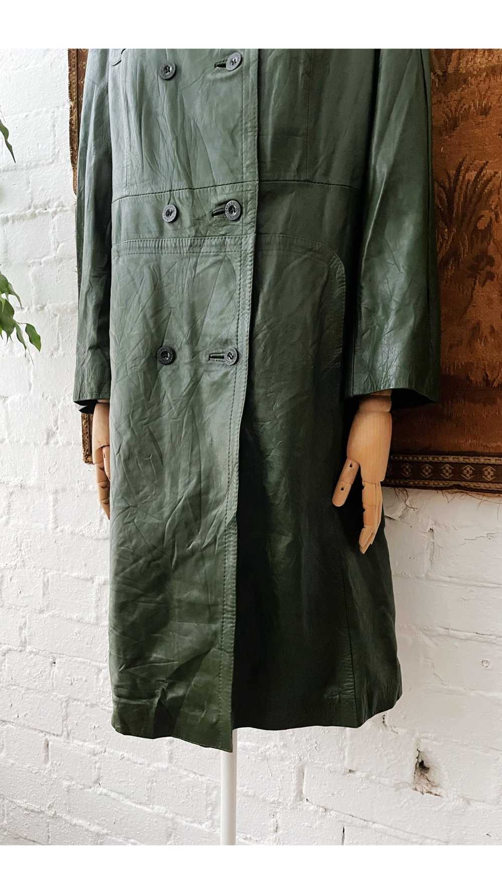 1960s Forest Green Leather Double Breasted Trench… - image 3