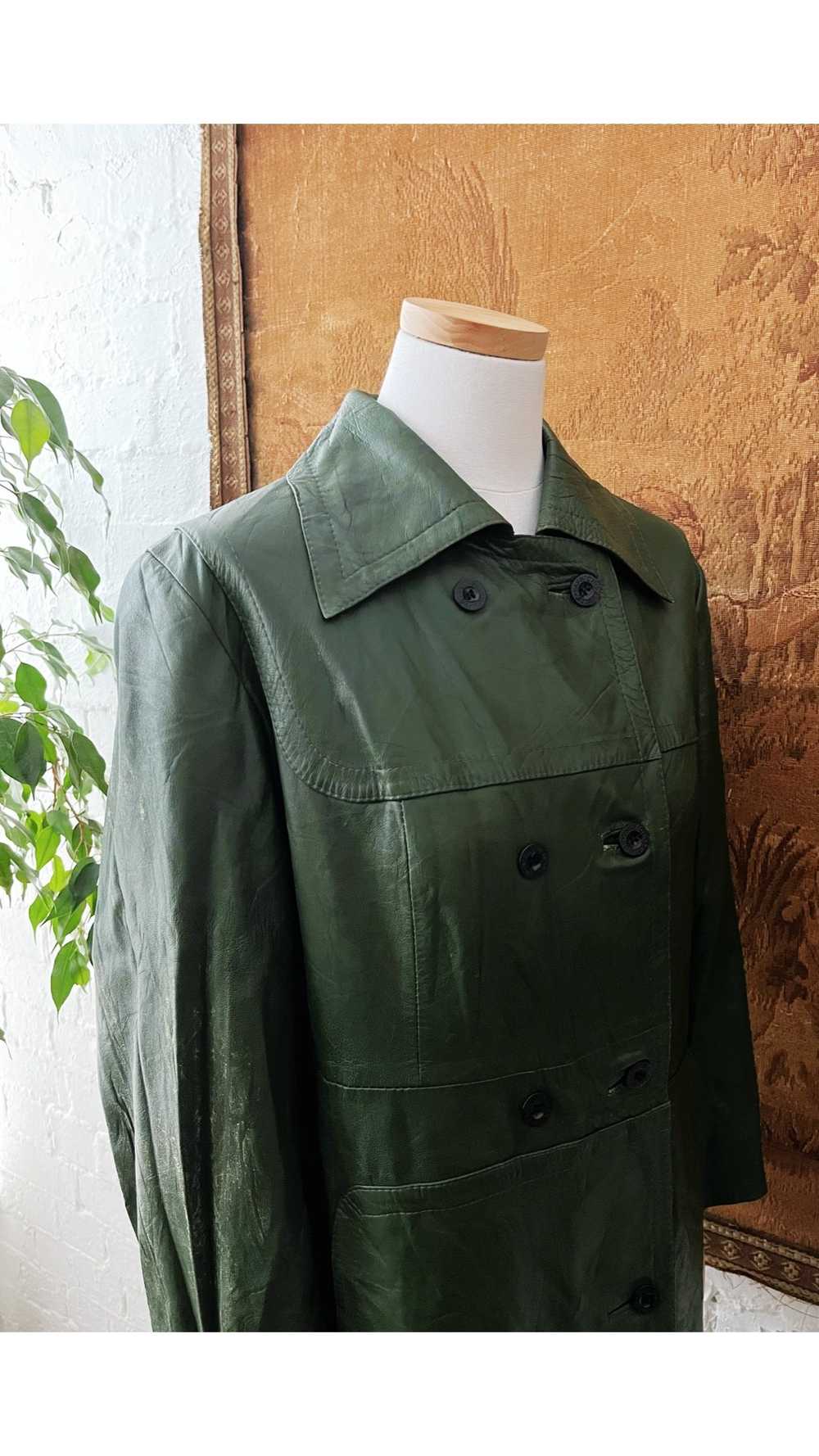 1960s Forest Green Leather Double Breasted Trench… - image 4