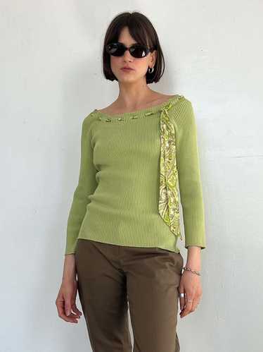 Vintage Silk Ribbed Top w/ Twilly - Lime