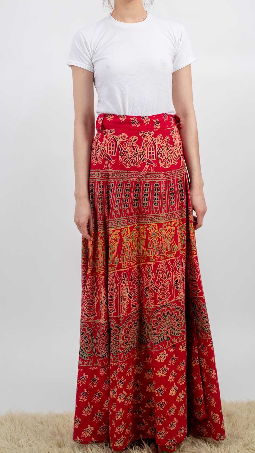 1970s Indian Cotton People Print Maxi Wrap Skirt - image 1