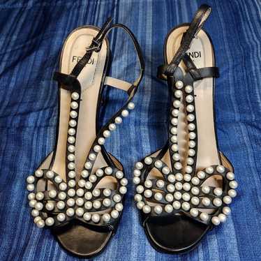 Fendi Black Leather Faux Pearl Slingback Heels si… - image 1