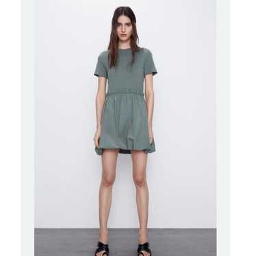 Zara Combination Dress Duck Green Cotton Short Sle