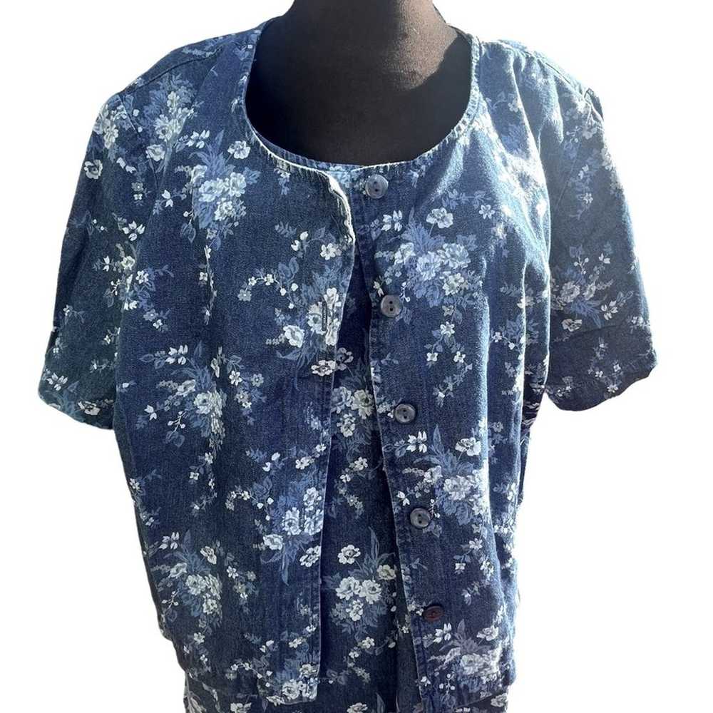 Vtg 90s Floral Chambray Boho Modest Cropped Jacke… - image 2
