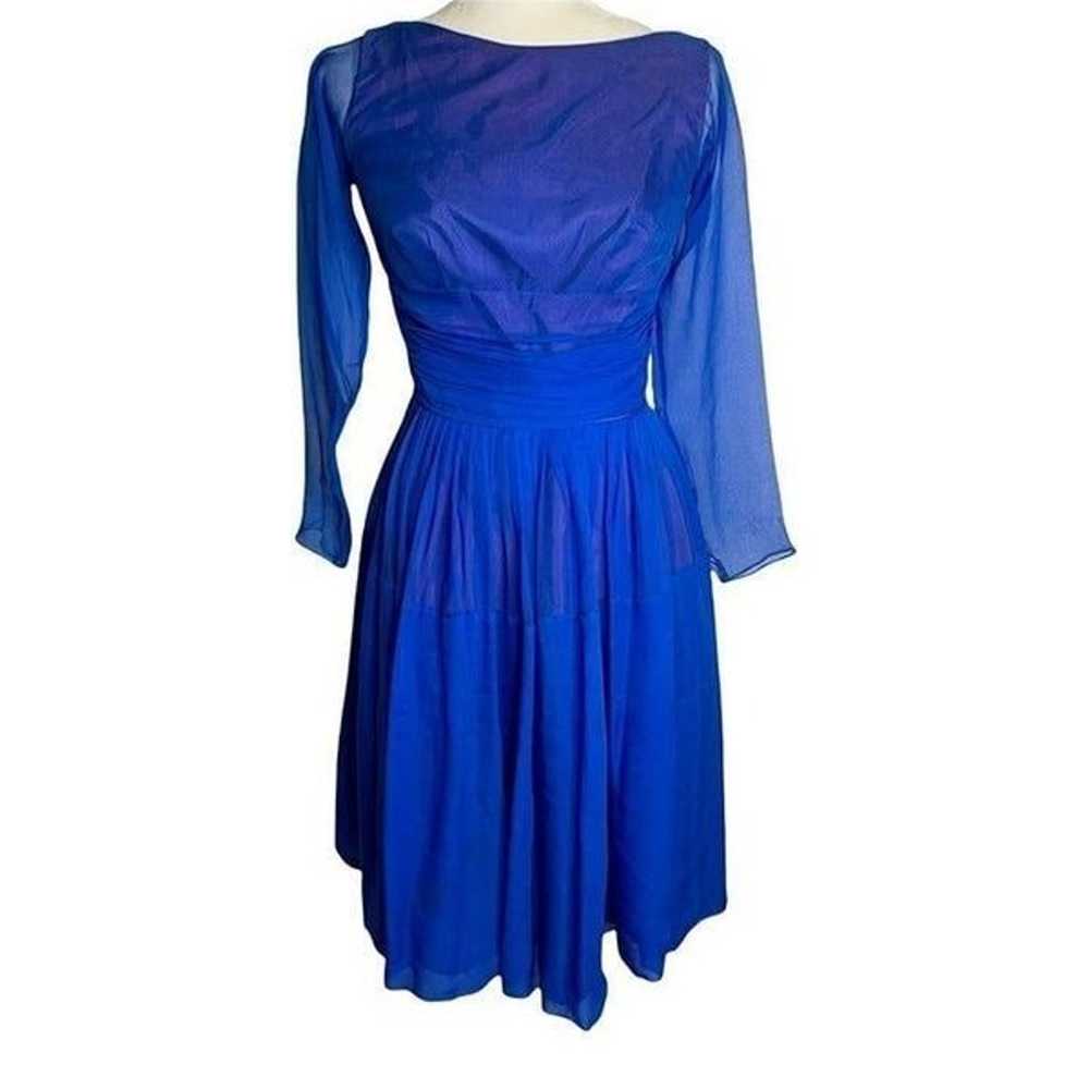 Vintage 50s Chiffon Swing Dress S Blue Long Sleev… - image 1