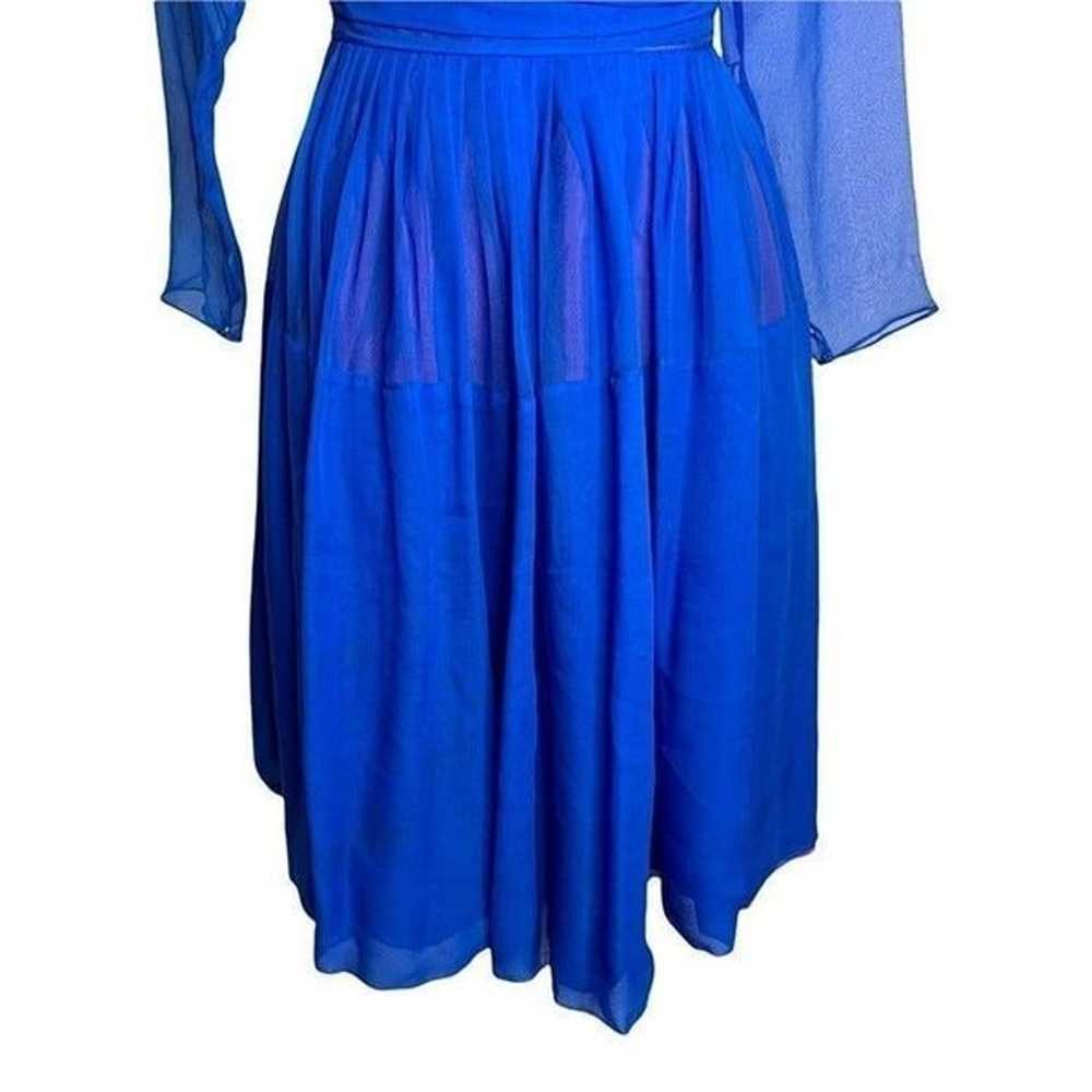 Vintage 50s Chiffon Swing Dress S Blue Long Sleev… - image 3