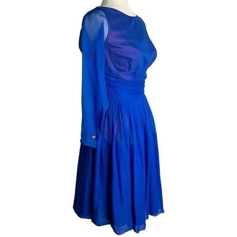 Vintage 50s Chiffon Swing Dress S Blue Long Sleev… - image 4
