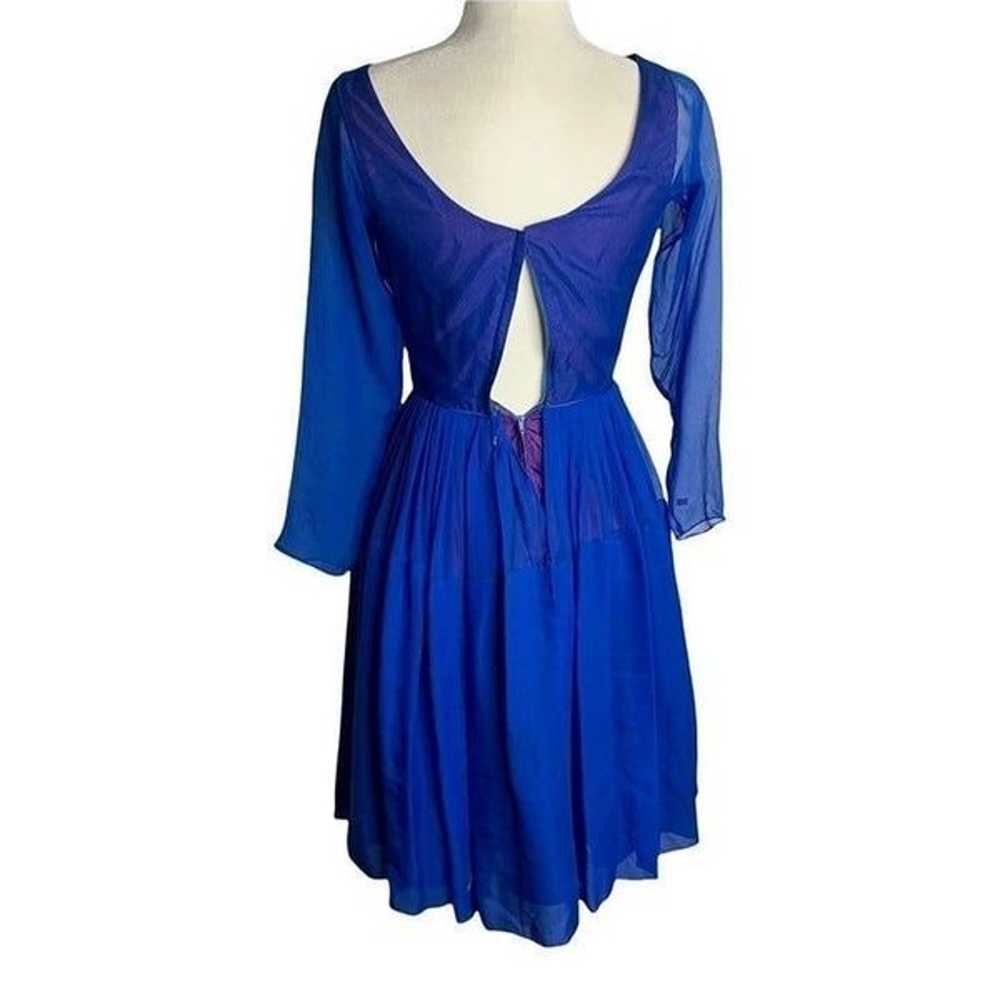 Vintage 50s Chiffon Swing Dress S Blue Long Sleev… - image 7