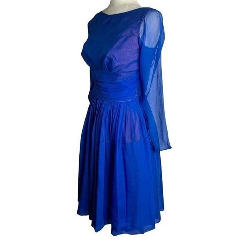 Vintage 50s Chiffon Swing Dress S Blue Long Sleev… - image 9