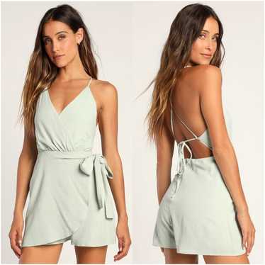LULU’S Cue The Chic Sage Green Faux Wrap Romper - image 1