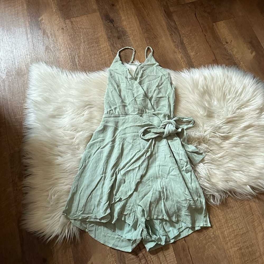 LULU’S Cue The Chic Sage Green Faux Wrap Romper - image 2
