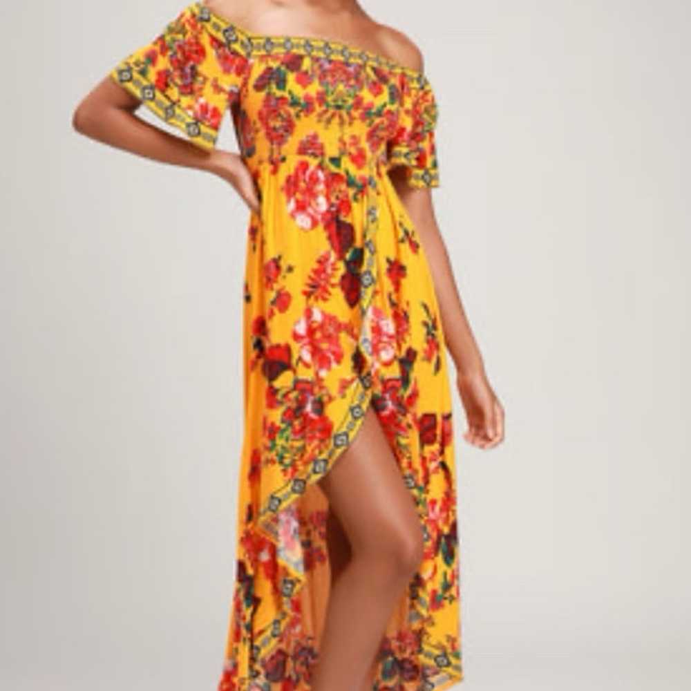 Danica Yellow Floral Print Smocked High-Low Maxi … - image 1