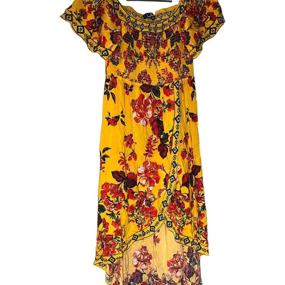 Danica Yellow Floral Print Smocked High-Low Maxi … - image 2