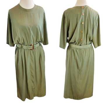 Vintage 80s Sage Green Belted Casual Midi Blouson… - image 1