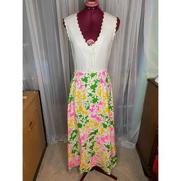 Dress 1960s maxi flower power hot pink green yell… - image 1