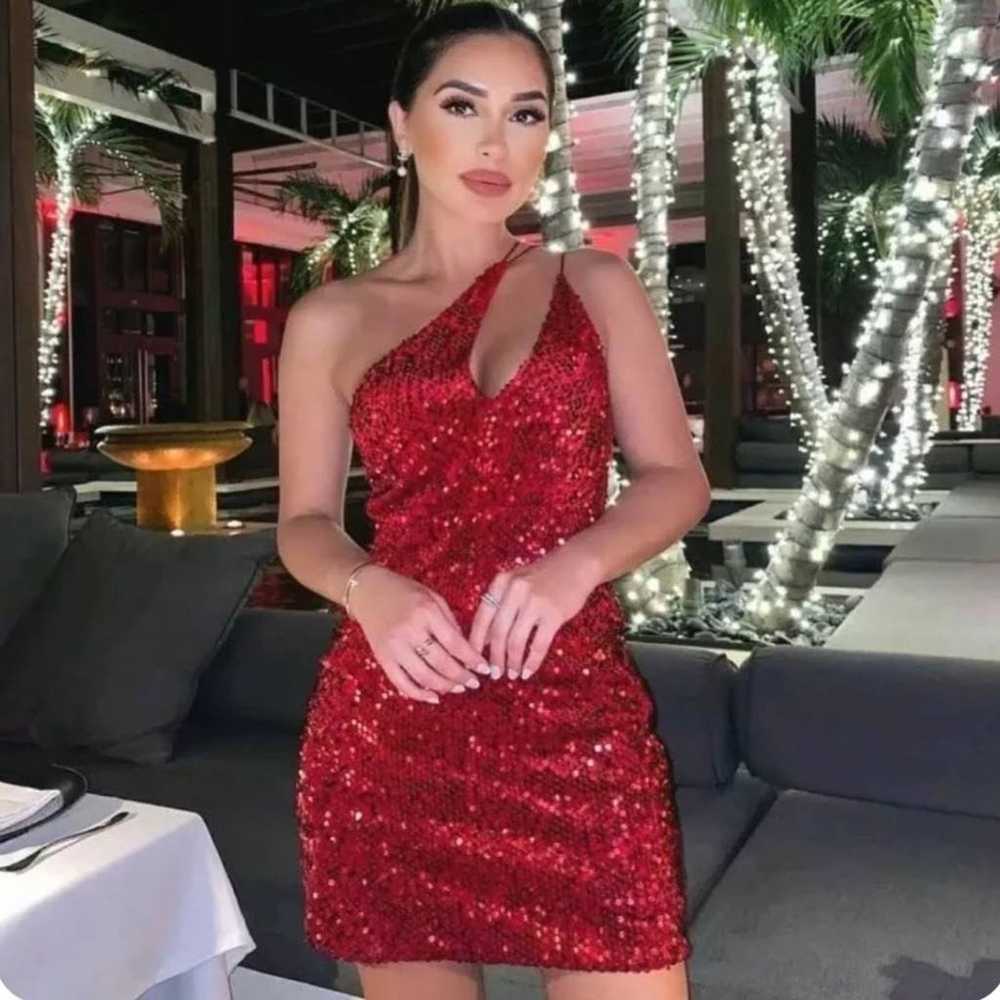 ZARA Red Sequin Velvet Asymmetrical Dress Blogger… - image 2
