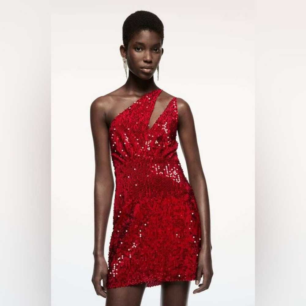 ZARA Red Sequin Velvet Asymmetrical Dress Blogger… - image 3
